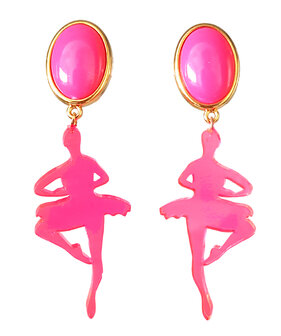 Cabochon-Ohrstecker hot pink mit Laser-Cut Ballerina neon pink