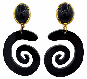 Cabochon-Ohrstecker schwarz mit Acryl Laser-Cut Spirale-Ornament schwarz