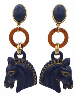 Ohrstecker marineblau mit braunem Ring gepr&auml;gtem Pferdekopf blau