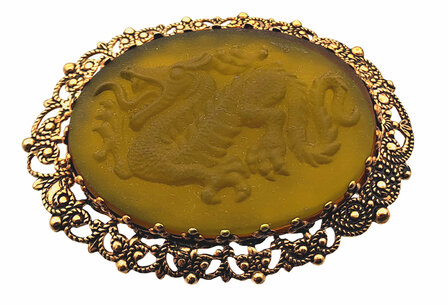 Drachen-Brosche altgold, limitiert mit Vintage Glas-Stein oliv