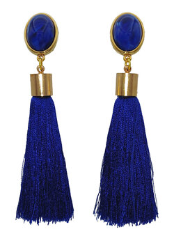 Ohrstecker, Cabochon marmoriert gold-gr&uuml;n mit baumelnder Viscose-Quaste in blass gelb