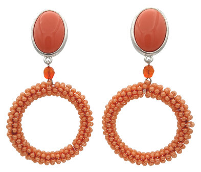 Ohrstecker Cabochon hell-koralle + Ring mit orange-koralle Rocaille-Perlchen