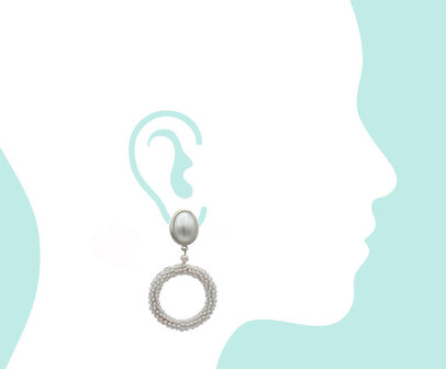 Ohrstecker Cabochon perl-wei&szlig; + Ring mit wachswei&szlig;en Rocaille-Perlchen
