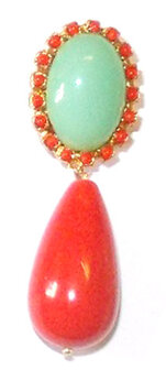 korallefarbiger Cabochon mit t&uuml;rkis Glassteinchen-Umrandung und koralle Tropfen-Perle