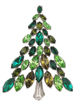 Weihnachtsbaum Brosche, versilbert, multi-gr&uuml;n Navettes