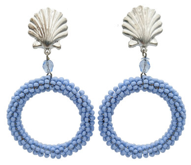 Muschel-Ohrstecker + Ring mit hellblauen Rocaille-Perlchen