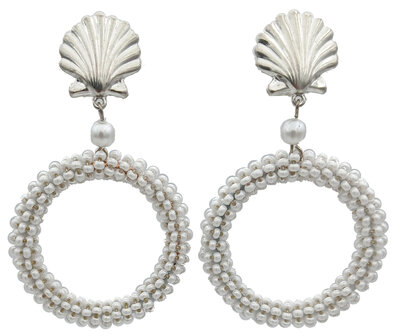 Muschel-Ohrstecker + Ring mit wachsweissen Rocaille-Perlchen