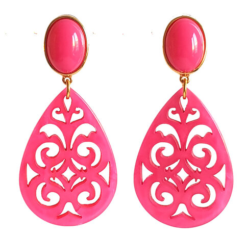 Cabochon-Stecker pink mit Laser-Cut Tropfen-Ornament pink-marmoriert