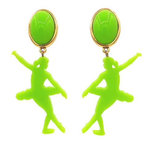 Cabochon-Ohrstecker laubgrün mit Laser-Cut Ballerina leuchtend grün