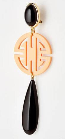 Ohrstecker vergoldet; Art-Deco-Optik; bi-color schwarz orange; Laser-Cut Ornament und Acryl-Tropfenbehang
