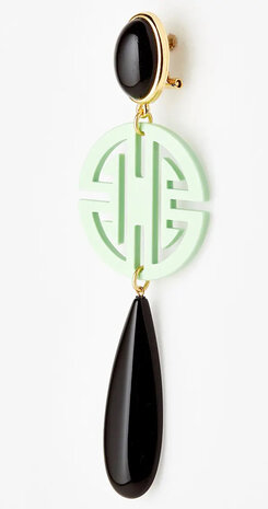 Ohrstecker vergoldet, Art-Deco-Optik, bi-color schwarz minz, Laser-Cut Ornament und Acryl-Tropfenbehang