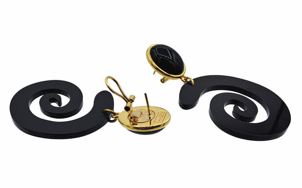 Cabochon-Ohrstecker schwarz mit Acryl Laser-Cut Spirale-Ornament schwarz