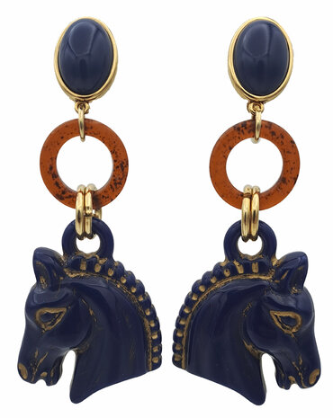 Ohrstecker marineblau mit braunem Ring geprägtem Pferdekopf blau