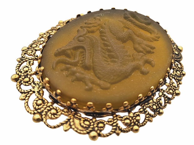 Drachen-Brosche altgold, limitiert mit Vintage Glas-Stein oliv