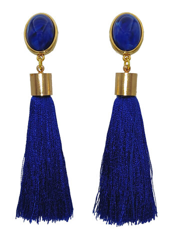 Ohrstecker, Cabochon marmoriert gold-grün mit baumelnder Viscose-Quaste in blass gelb