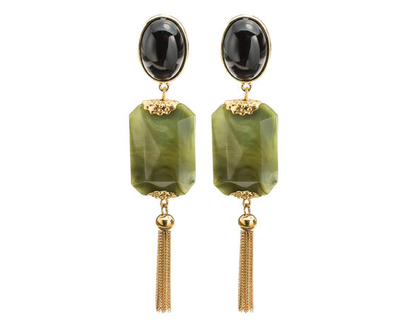 Ohrring bi-color mit jade-grünem Octagon-Behang und Metall-Quaste an schwarzem Cabochon 