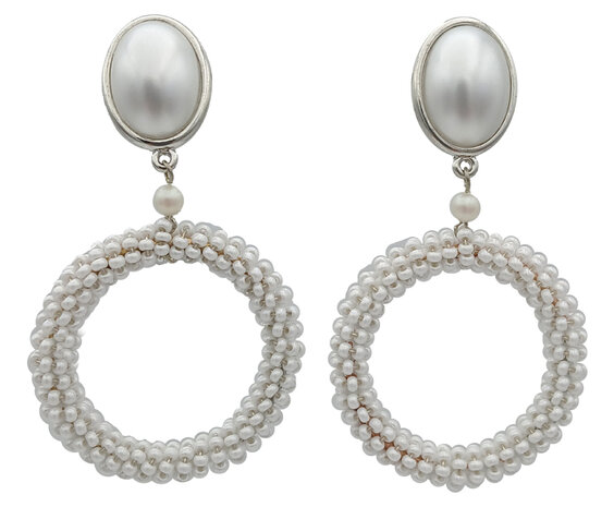 Ohrstecker Cabochon perl-weiß + Ring mit wachsweißen Rocaille-Perlchen