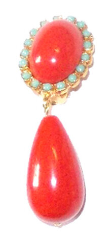 korallefarbiger Cabochon mit türkis Glassteinchen-Umrandung und koralle Tropfen-Perle