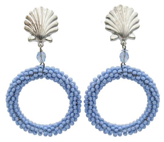 Muschel-Ohrstecker + Ring mit hellblauen Rocaille-Perlchen