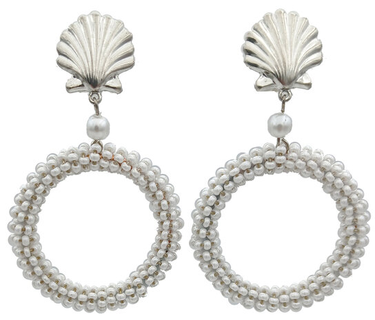 Muschel-Ohrstecker + Ring mit wachsweissen Rocaille-Perlchen