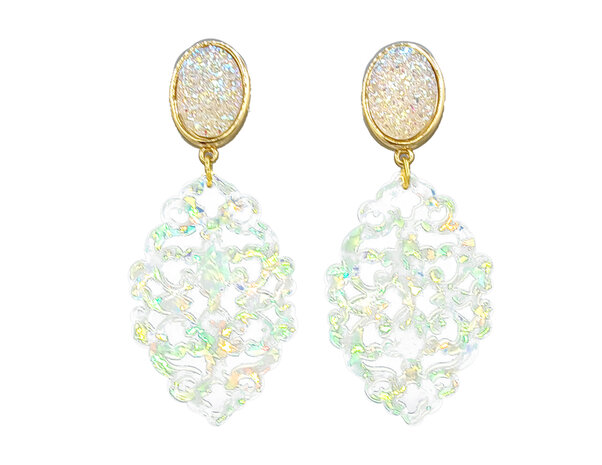 Ohrstecker mit Laser-Cut Mandel-Ornament transparent mit schillernden Reflexen