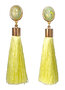 Ohrstecker-Cabochon-marmoriert-gold-grün-mit-baumelnder-Viscose-Quaste-in-blass-gelb